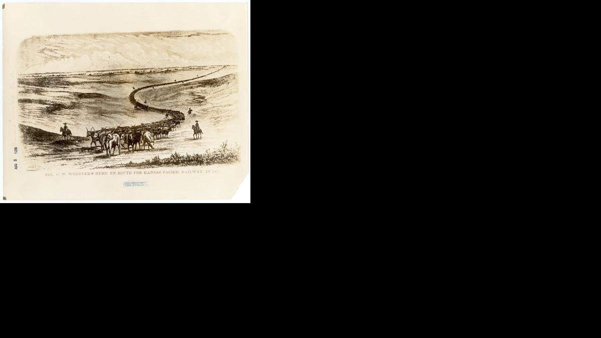 
This photograph depicts a cattle drive en route for the Kansas Pacific Railway. History enthusiasts are supporting plans to place the Chisholm and Western trails in the National Historic Trails system. The picture is titled Col. O. W. Wheeler’s Herd en Route for Kansas Pacific Railway, 1867.
