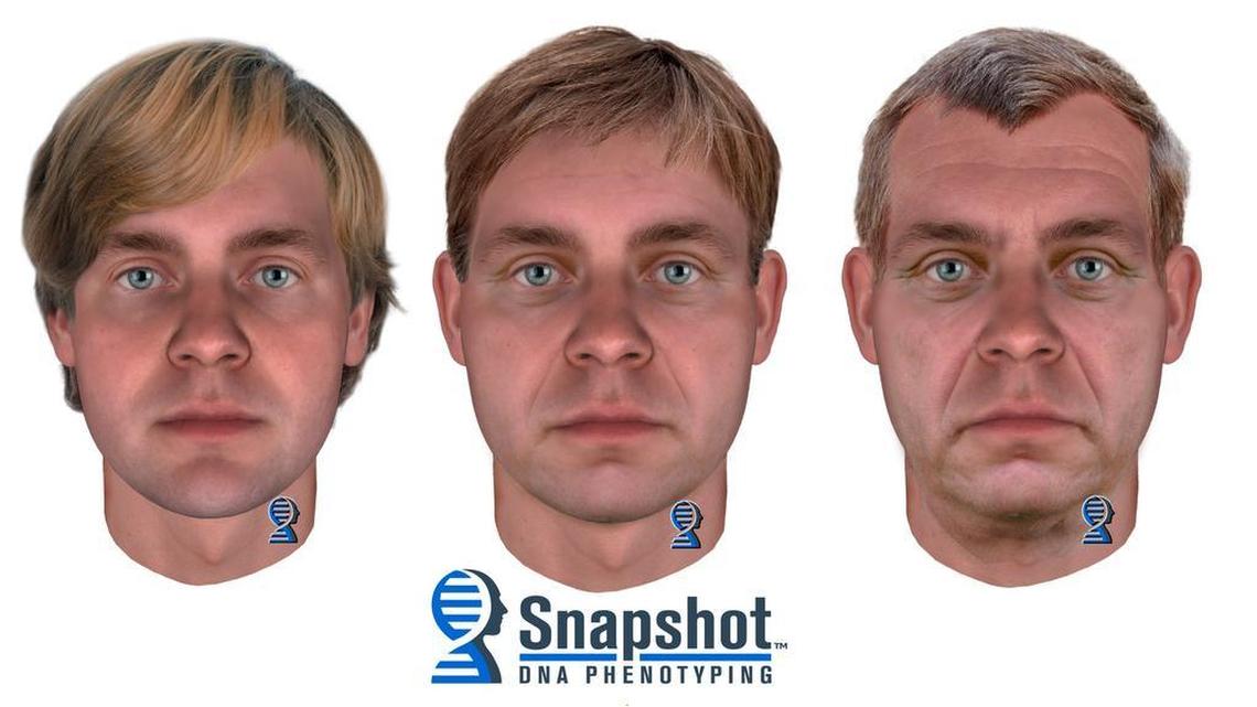 Composites built from DNA analysis predict the physical appearance and ancestry of a suspect — shown at approximately 25, 45 and 65 years of age — in the June 1983 rape and strangulation of 11-year-old Julie Fuller.