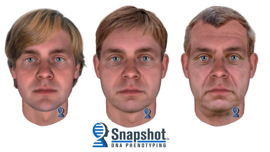 Composites built from DNA analysis predict the physical appearance and ancestry of a suspect — shown at approximately 25, 45 and 65 years of age — in the June 1983 rape and strangulation of 11-year-old Julie Fuller.
