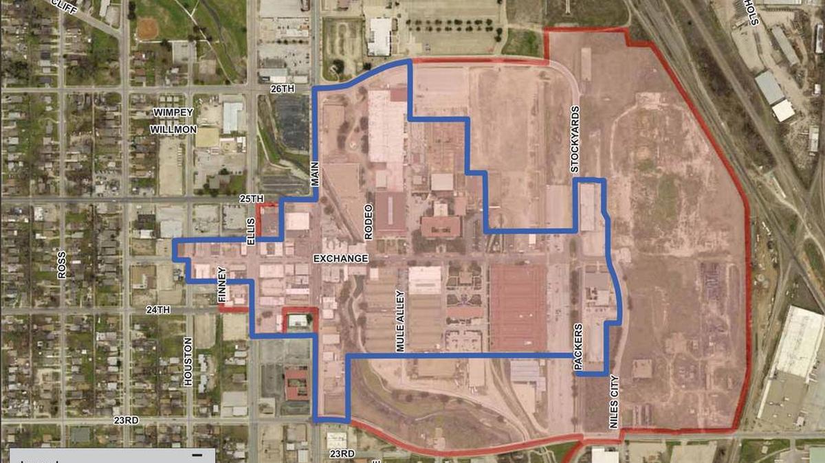 Map shows two proposed boundaries for a Fort Worth Stockyards historic district. The blue line shows a 60-acre boundary nominated by the City Council. The red boundary, covering 139 acres, was proposed by the Historic and Cultural Landmarks Commission, and was approved by the Fort Worth Zoning Commission on Wednesday, March 9, 2016.