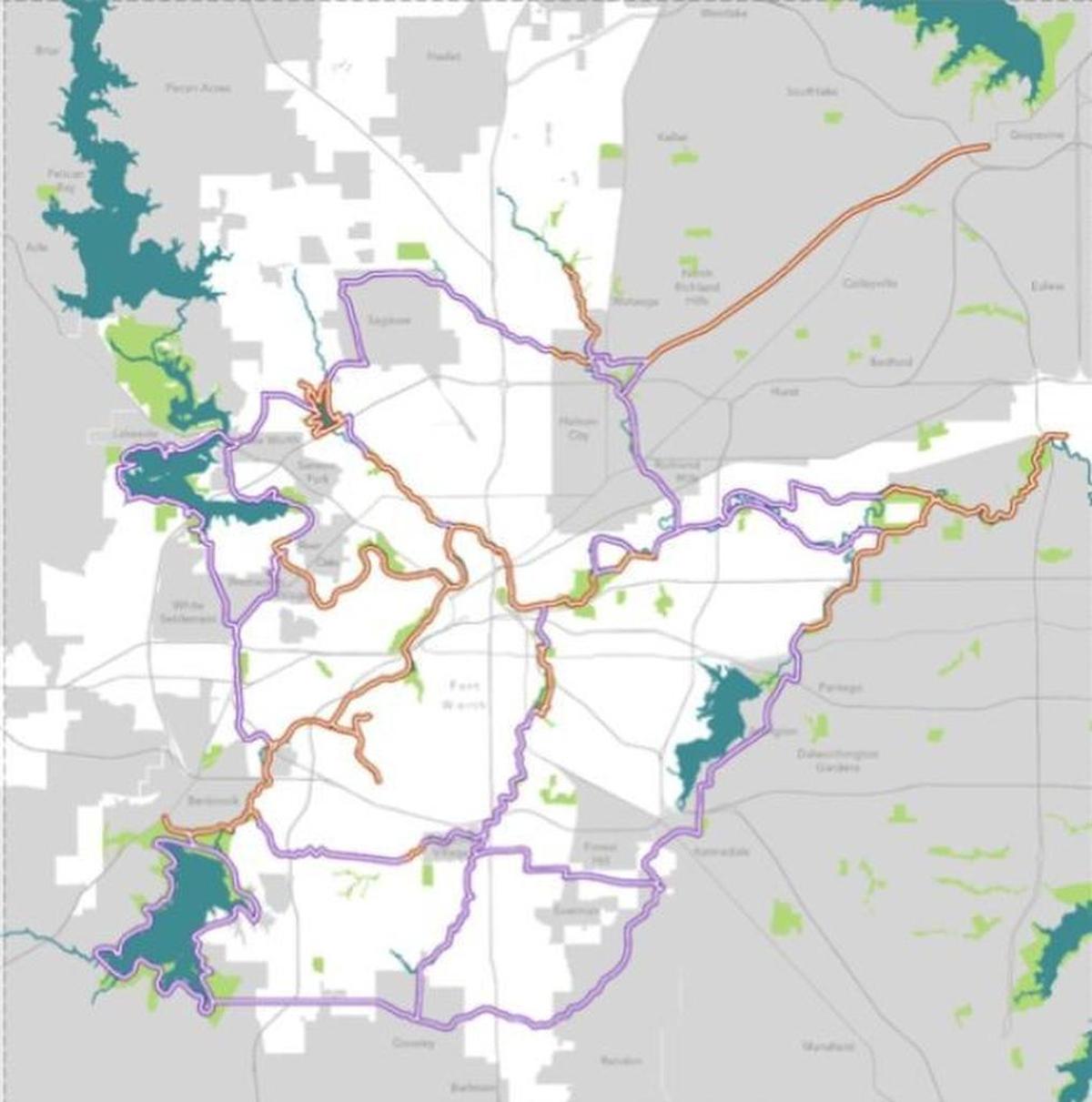 Draft map of the possible expansion of the Trinity Trails. The brown lines show the existing trails. The purple lines shows the possible growth.