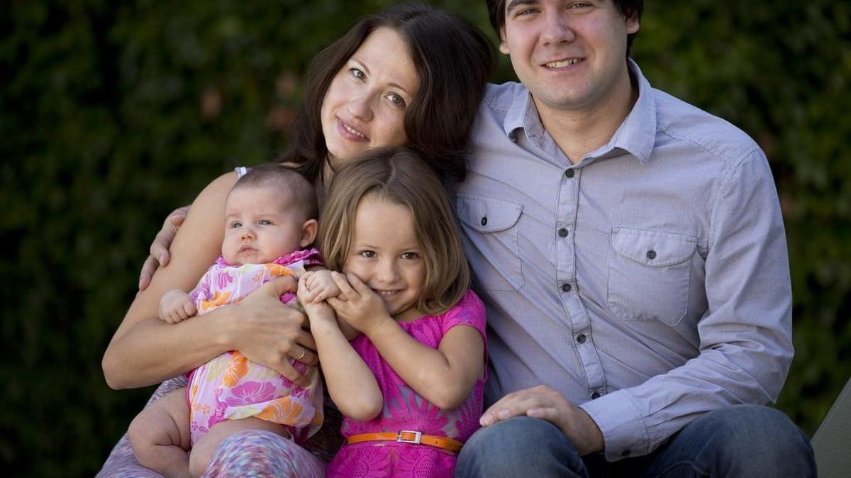 Pianist Vadym Kholodenko poses with his wife, Sofya Tsygankova, and daughters Nika, 4, and Michaela, 2 months, in September 2014.
