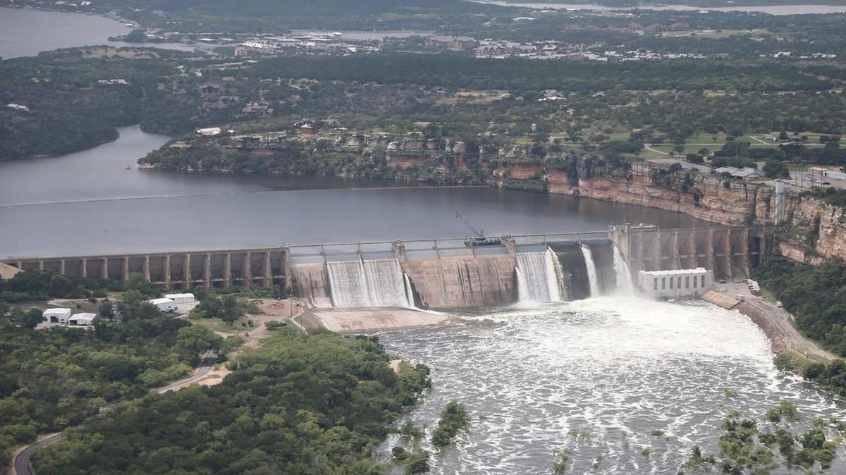 An aerial view Wednesday of the Possum Kingdom Lake dam, where a third flood gate was opened Friday night.