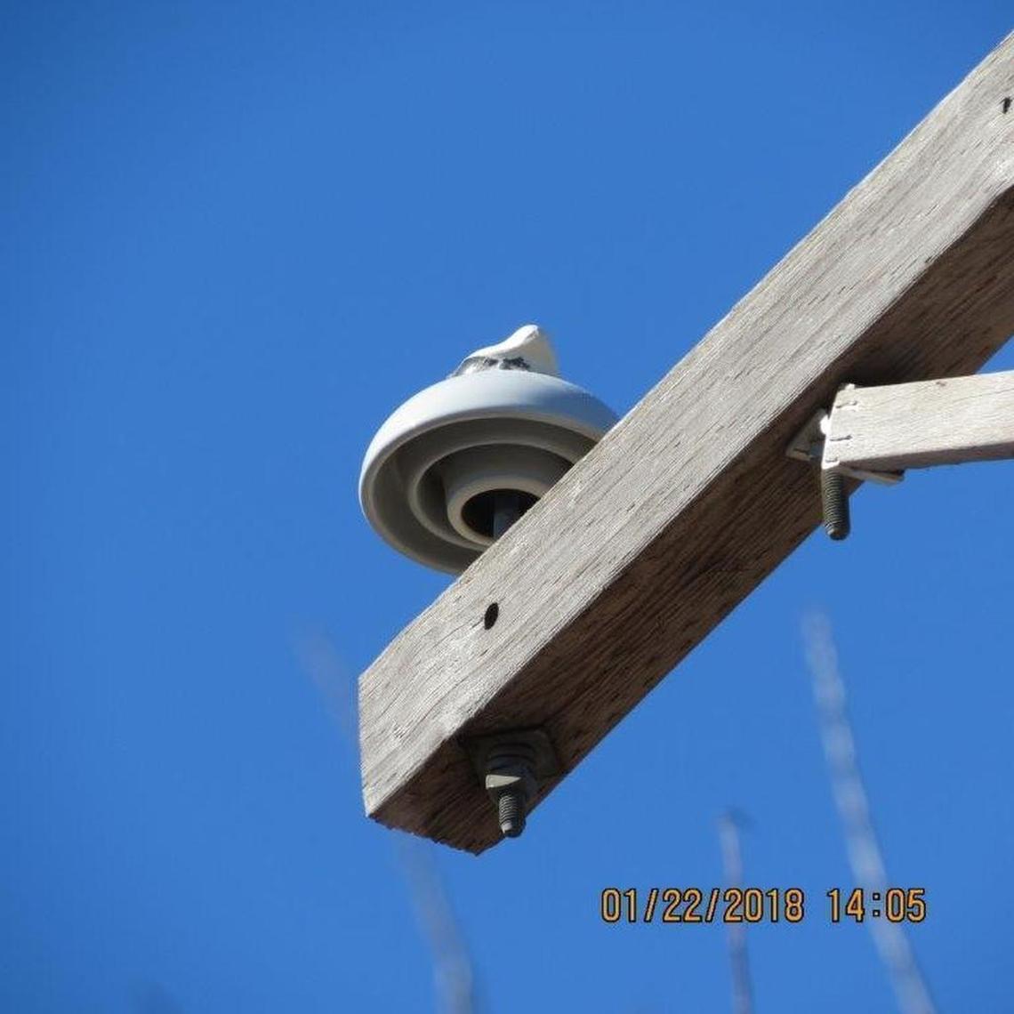 A power line that was connected to this pole became unattached and sparked a fire that eventually burned more than 1,000 acres in eastern Parker County and western Tarrant County.