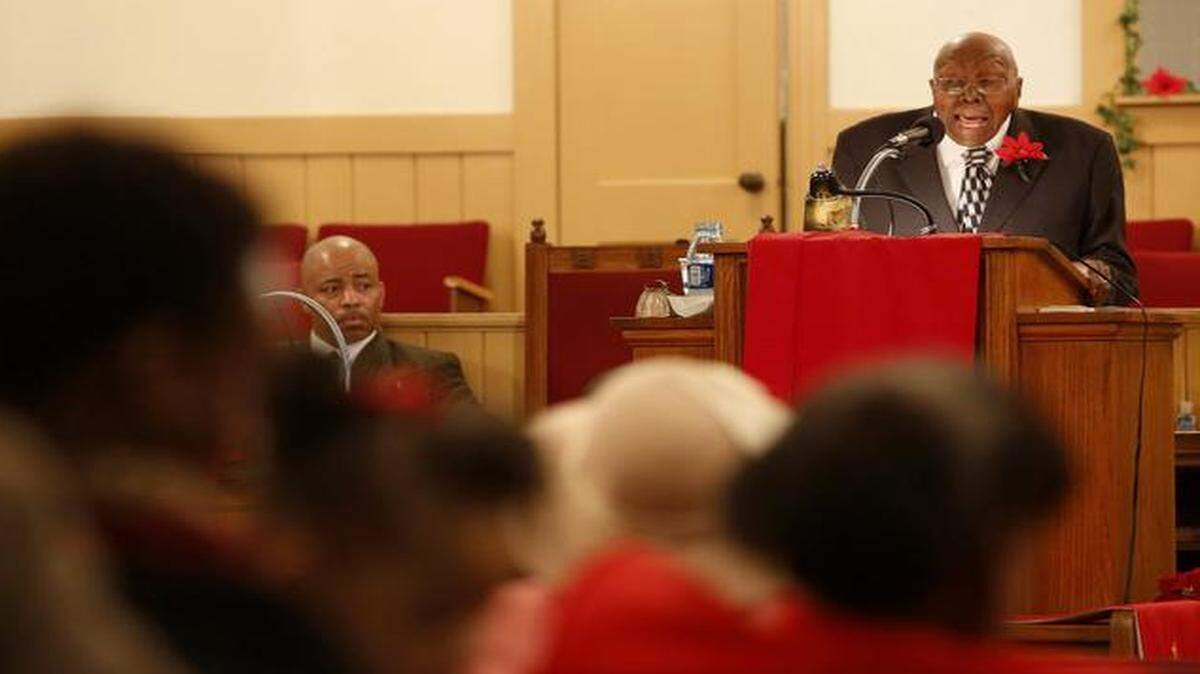 
The Rev. Lloyd Austin preaches during the 111th Anniversary Service for Paradise Missionary Baptist Church in Fort Worth on Sunday. Austin, a former pastor at the church, was the guest pastor for the service. 
