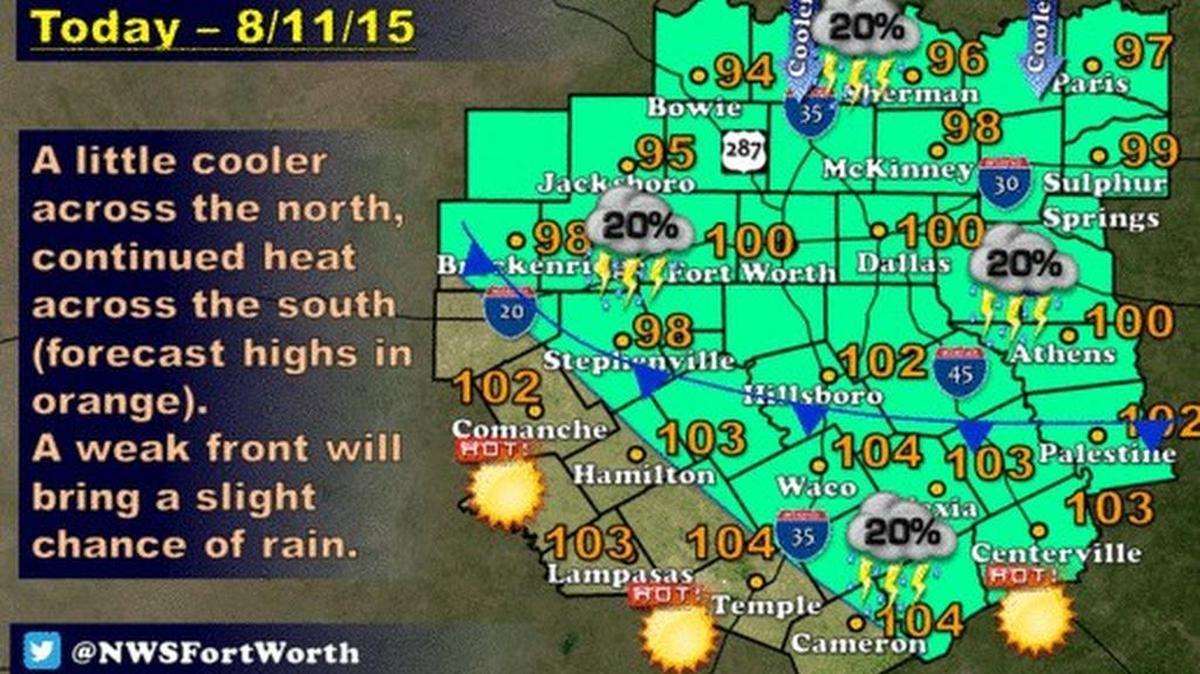 
A weak cold front passed through Tarrant County Tuesday morning and that may knock temperatures down a few degrees, according to the National Weather Service office in Fort Worth.
