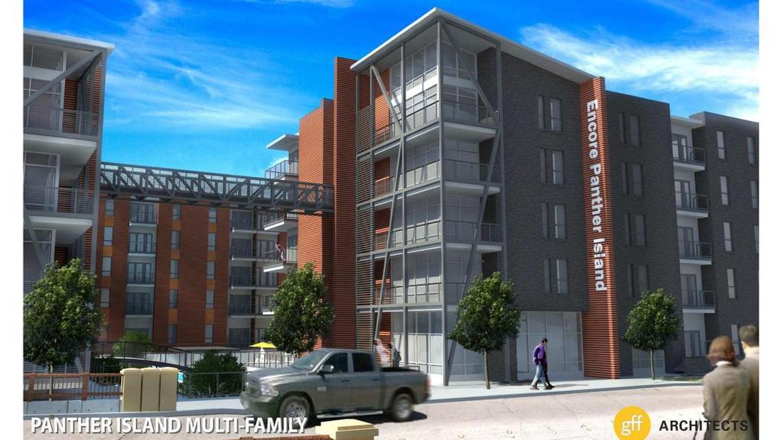Rendering of the planned 300-unit apartment project proposed by Encore Enterprises at Panther Island.