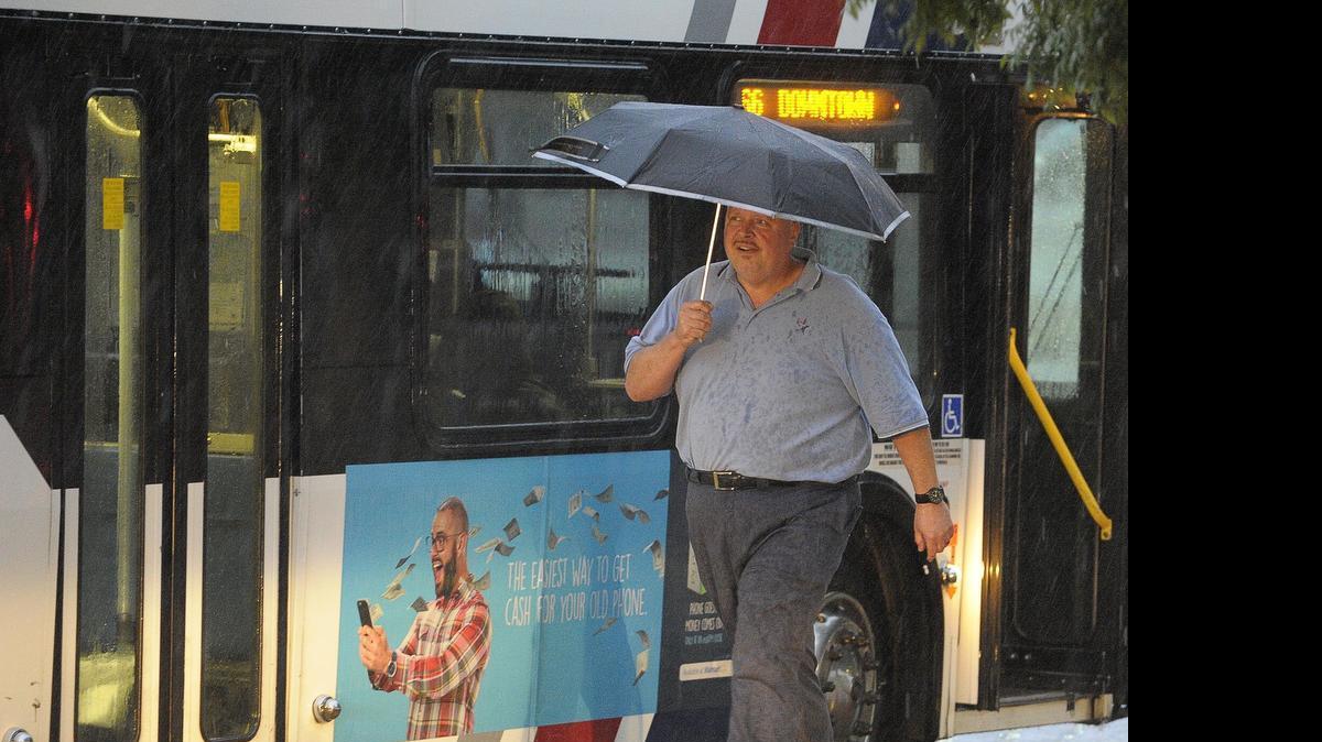 
Heavy rain falls at the Fort Worth Intermodal Transportation Center in Fort Worth, TX, last Wednesday. Forecasters are predicting a 50 percent chance of more rain in DFW on Friday. 
