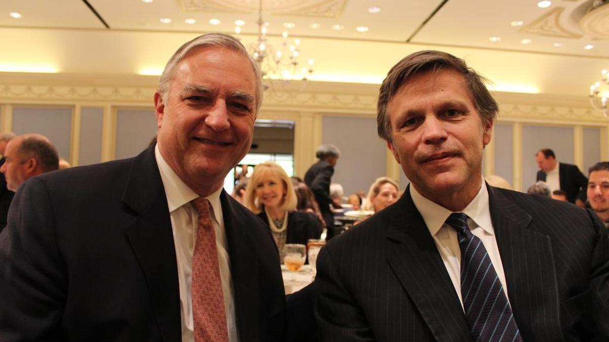 CNN presidential historian Douglas Brinkley, right, wass interviewed by Talmage Boston, a Dallas attorney, at the Hilton Anatole in Dallas.