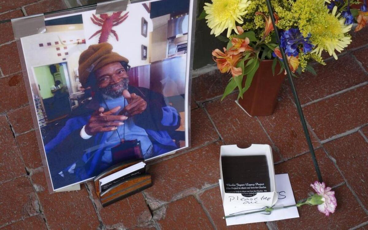 
A impromptu memorial sprung up at the corner of Third and Houston streets in Sundance Square for Charlie Joyner, who greeted passersby from his wheelchair for years. Joyner died of pancreatic cancer over the weekend.
