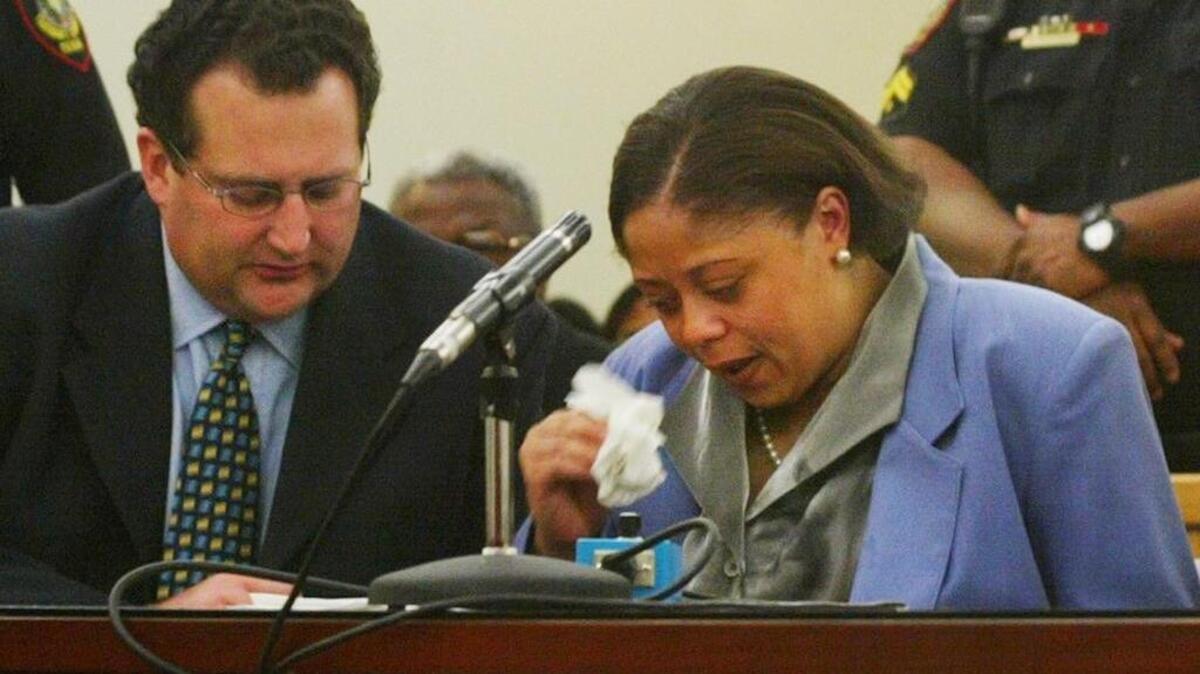 Chante Mallard broke down and cried in 2003 after receiving 50 years in jail for the murder of Gregory Biggs. Defense attorney Wm. Reagan Wynn is at left.