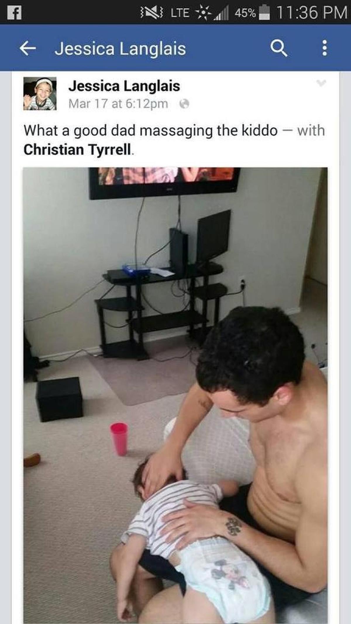 Investigators believe Adrian Langlais was limp and unconscious when this photograph was taken by the boy’s mother, Jessica Langlais, and posted to Facebook.