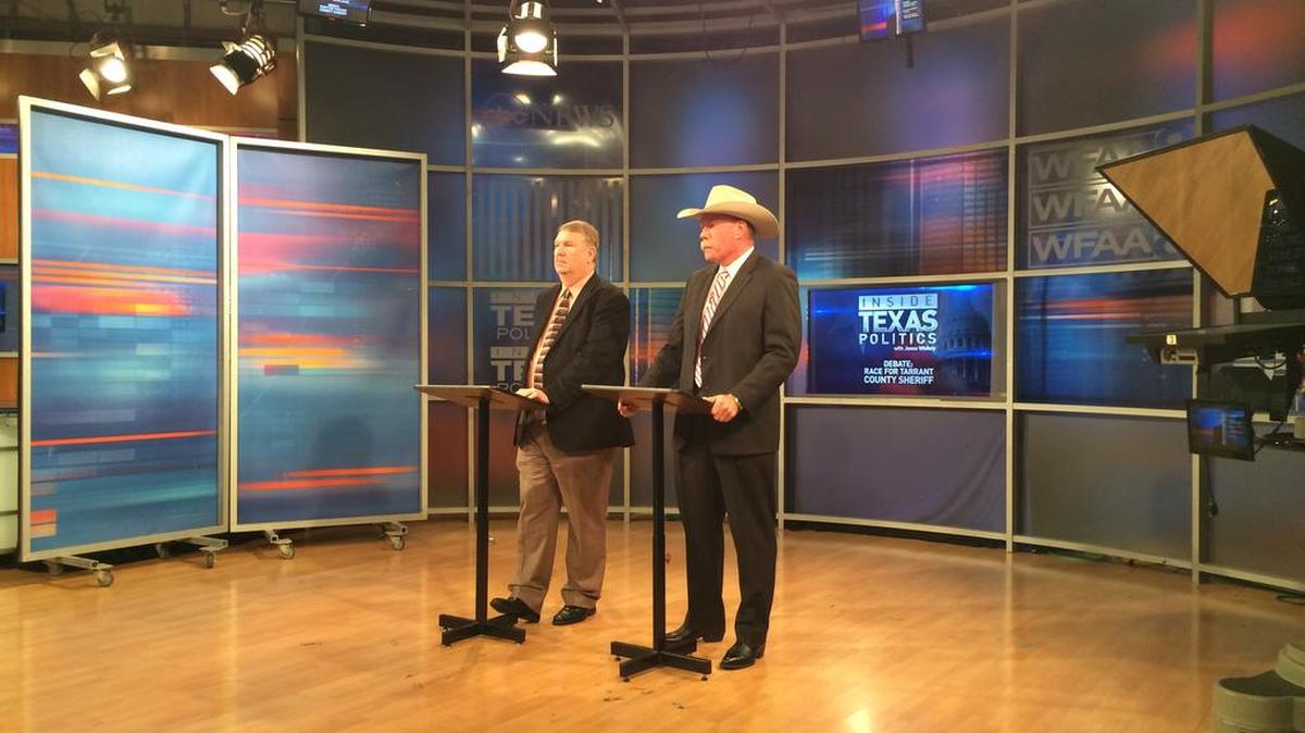 Tarrant County Sheriff Dee Anderson (left) and challenger Bill Waybourn appeared in a televised debate Friday on WFAA’s Inside Texas Politics. Waybourn, the former Dalworthington Gardens police chief, is running against Anderson in the GOP primary.