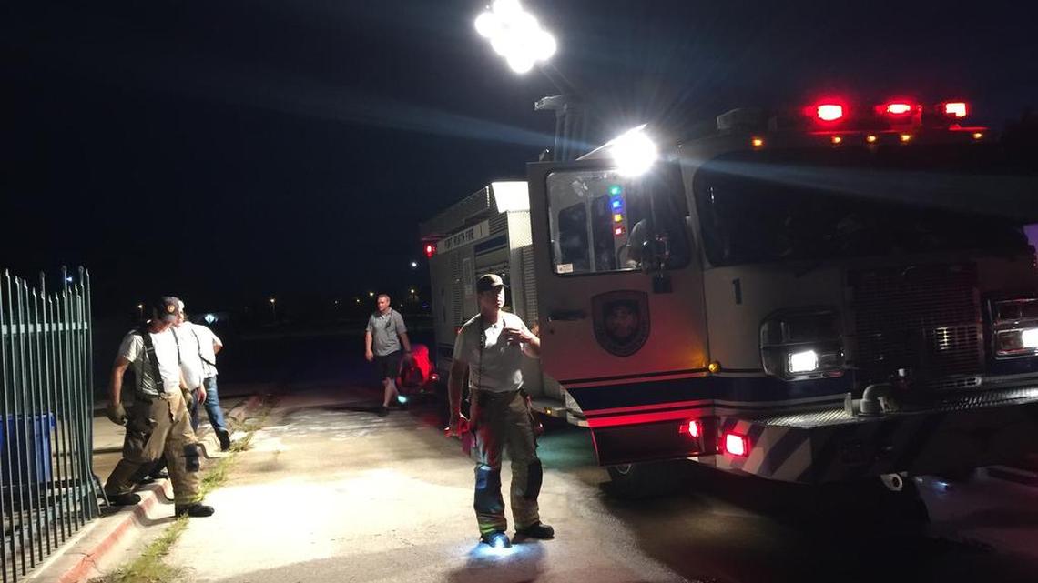 Fort Worth firefighters work a fire at LaGrave Field Wednesday night.