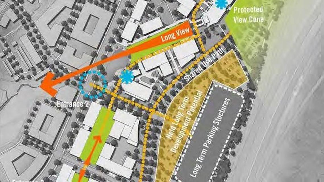 A map showing the layout of the future campus of Tarleton State University near the Chisholm Trail Parkway in Fort Worth.