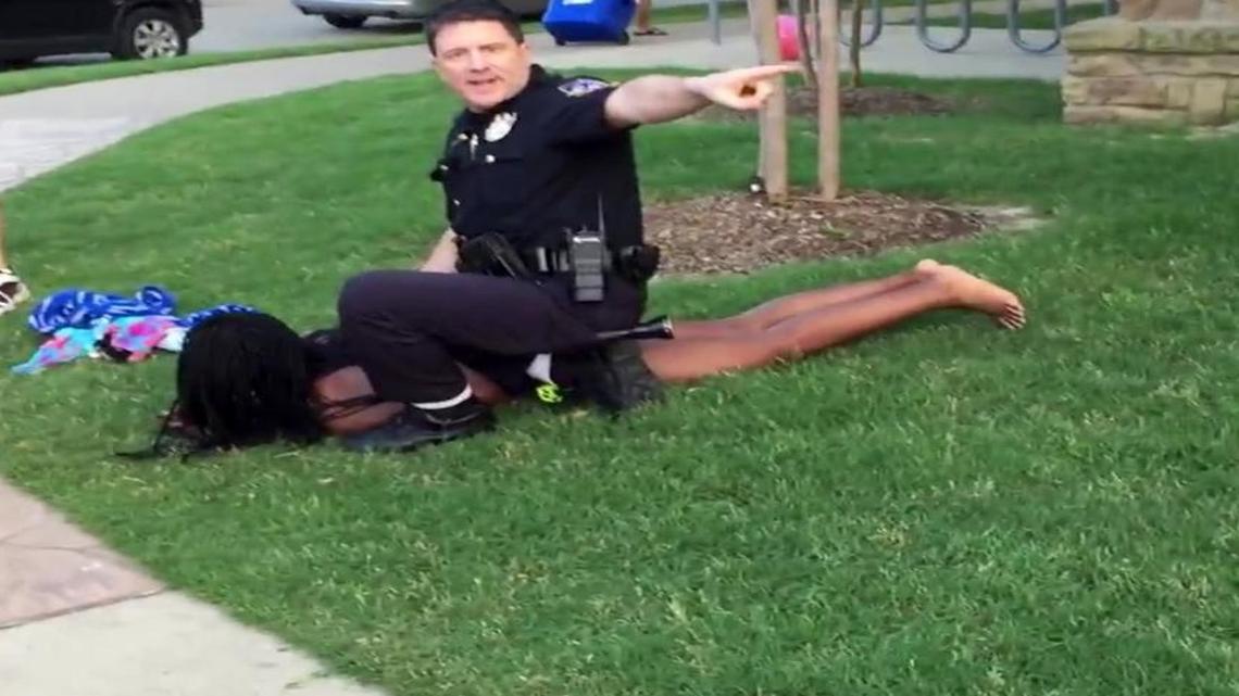 McKinney police Cpl. Eric Casebolt is shown in a screen shot from video of an altercation in which he pulled his gun on a group of teenagers at a pool party. A witness, Brandon Brooks, uploaded this video of the incident to YouTube. In a recent 5th Circuit Court of Appeals ruling, Justice Jacques Wiener wrote: “Protecting the right to film the police promotes First Amendment principles.”