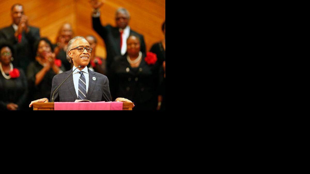 
The Rev. Al Sharpton speaks Sunday at Saintsville Cathedral Church in Fort Worth.
