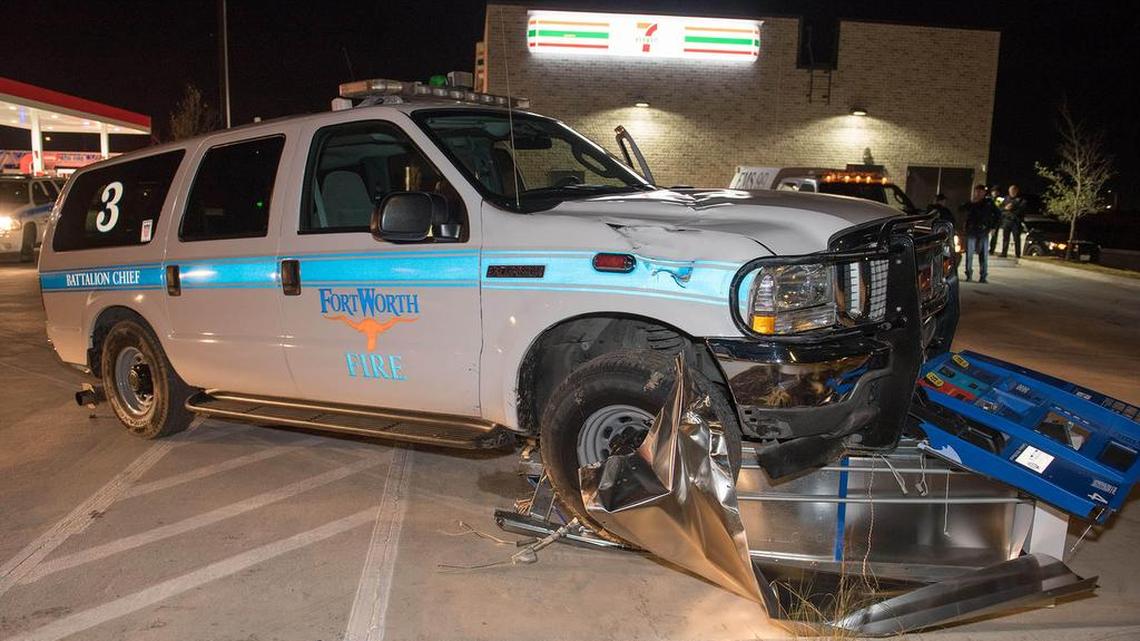 An SUV stolen from a Fort Worth Fire Department battalion chief slammed into a gas pump at a 7-11 in northwest Fort Worth early Thursday. A suspect was arrested at the scene.