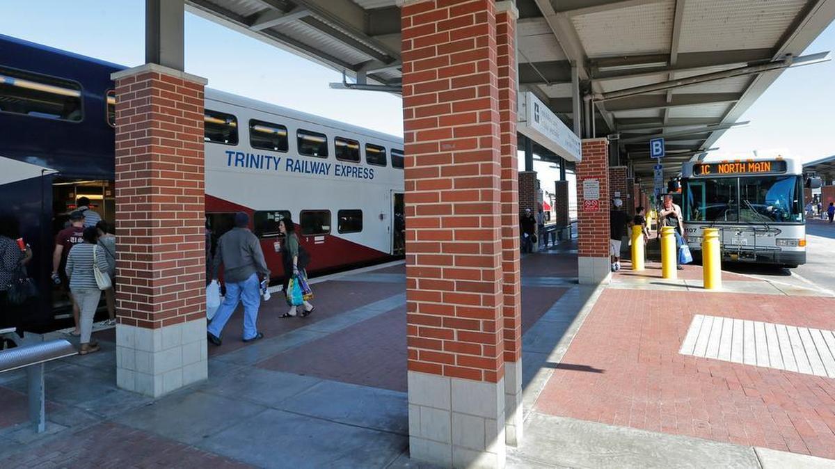 Passengers board the TRE train at the Intermodal Transportation Center in downtown Fort Worth.