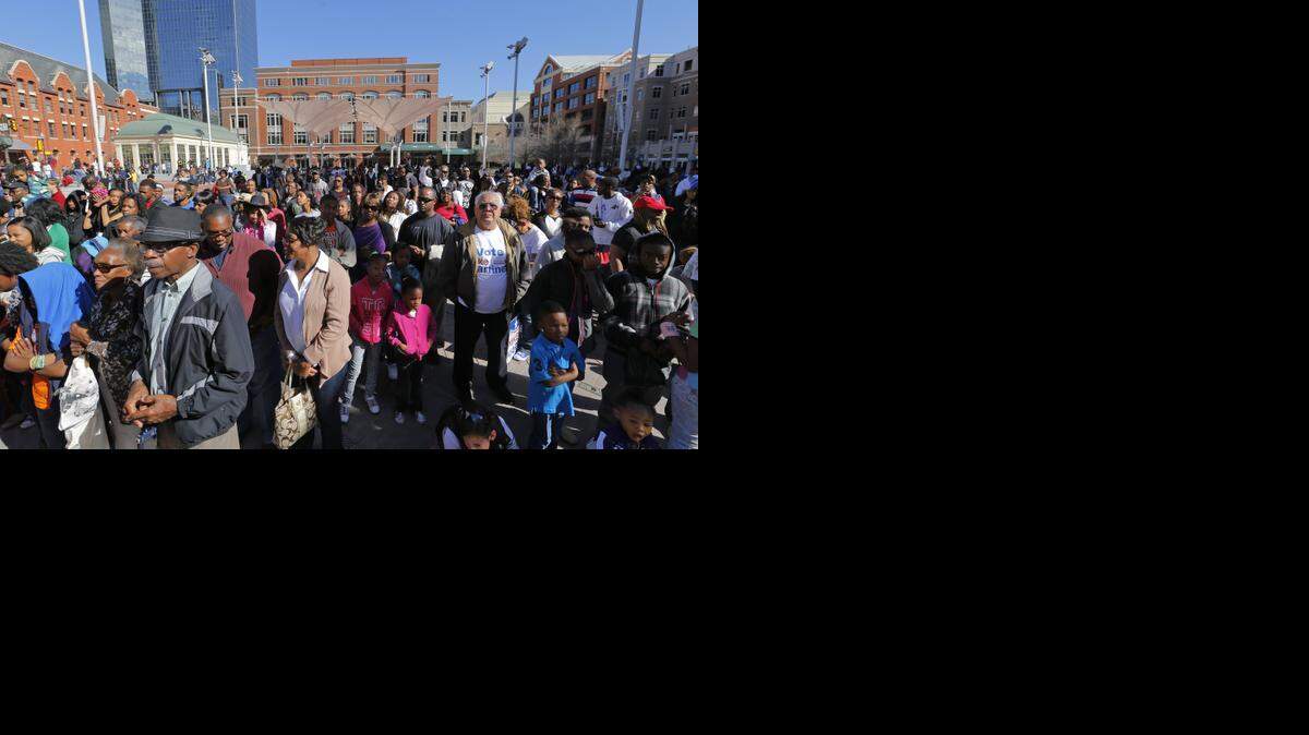 
A crowd watches the festivities in Sundance Square after last year’s Martin Luther King Day parade in downtown Fort Worth.
