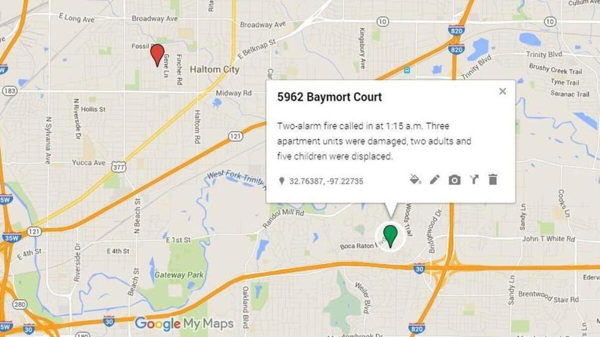A fire in Fort Worth displaced families, and a fire in Haltom City destroyed playground equipment. Arson investigations are ongoing.