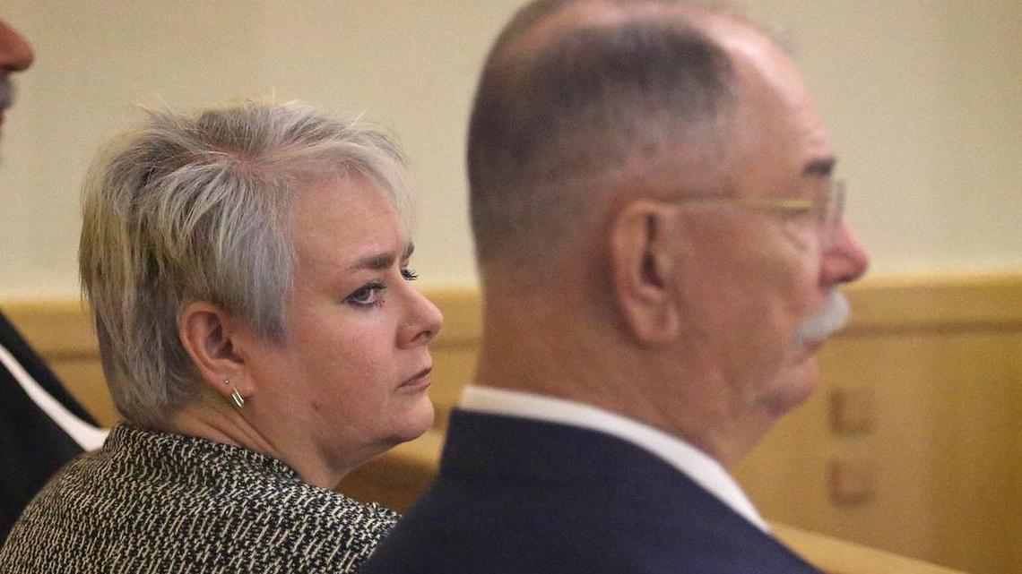 
Tabby Martinjak, left, and her father Mike Garvin, right, listen to testimony Monday in a sentencing hearing. They pleaded guilty to injury to the disabled in the case of Garvin’s daughter and Martinjak’s sister Marci Garvin, a severely disabled woman who died in 2013 at 39.
