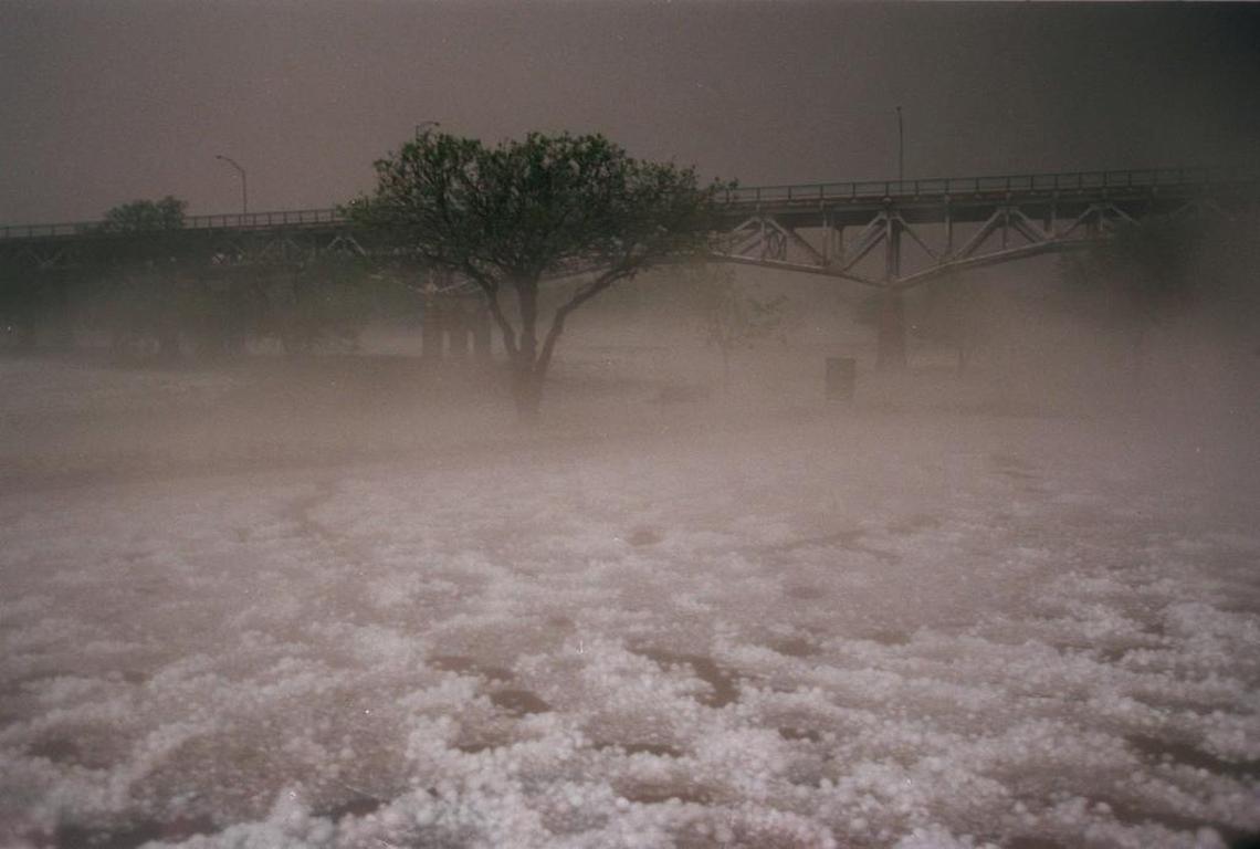 The hail in Trinity Park left an eerie fog on the Mayfest grounds on May 5 1995.