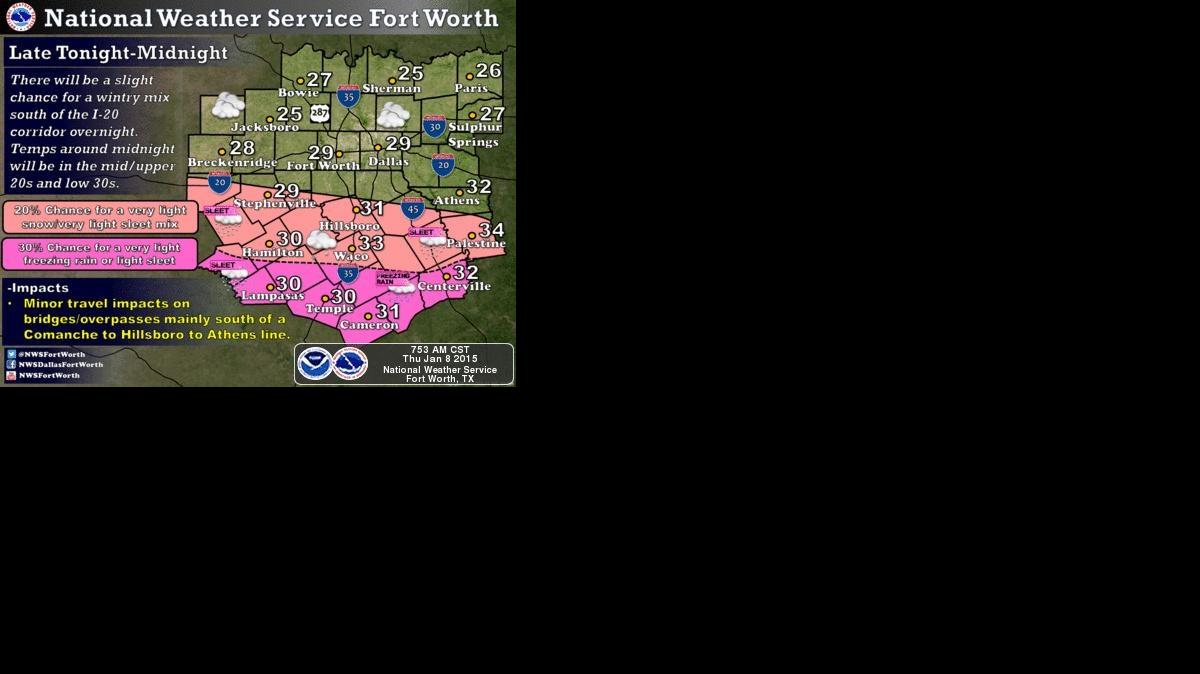 
Slight chance of snow or sleet for Tarrant County on Thursday night and Friday morning, according to the National Weather Service office in Fort Worth.
