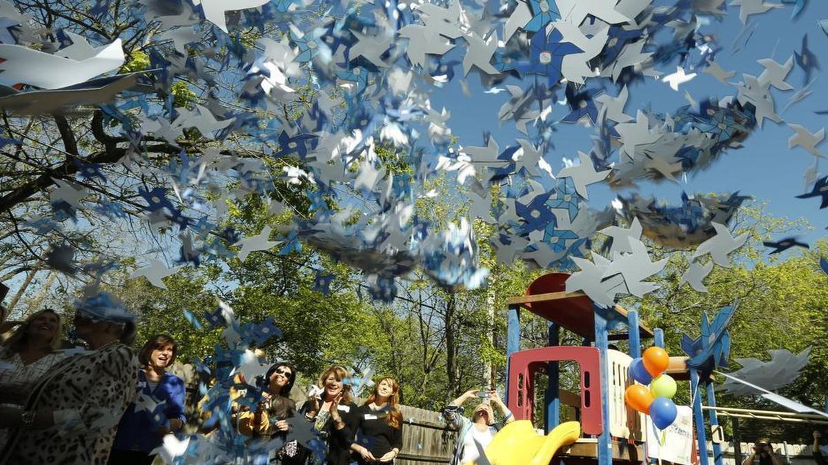 Paper pin wheels represent victims of child abuse and neglect. Fort Worth Mayor Betsy Price and child advocates at the Parenting Center of Fort Worth are raising awareness for Child Abuse Prevention Month.