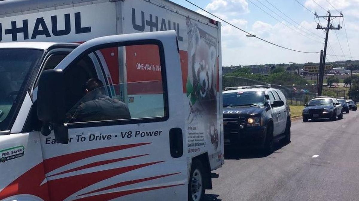 An accused bank robber fled in this U-Haul truck, but it ran out of gas.