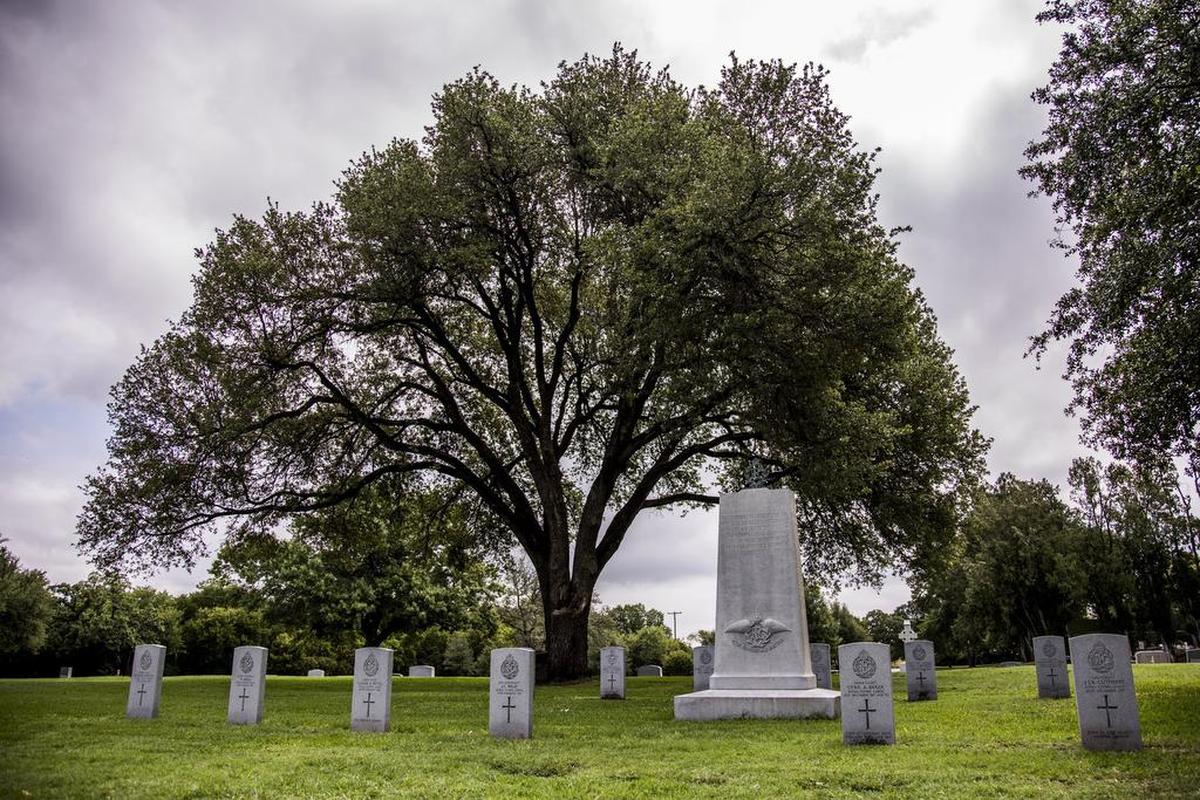 The headstones of 11 British cadets and one American who served in the Royal Flying Corps are pictured at he Royal Flying Corps Cemetery at Greenwood Memorial Park in Fort Worth.