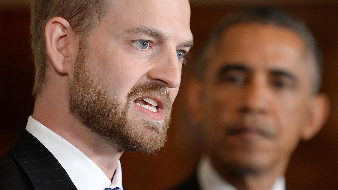 Following his recovery, Dr. Kent Brantly spoke about the heroic work of healthcare workers caring for Ebola patients on Oct. 29, 2014, as President Barack Obama looked on during an event in the East Room of the White House.