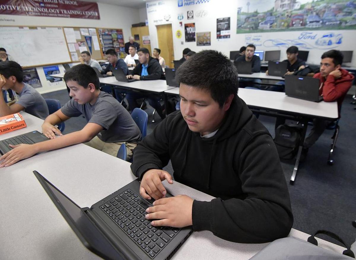 North Side High School students study on computers in the automotive technology program. The campus would get about $35 million in improvements as part of a proposed bond program.