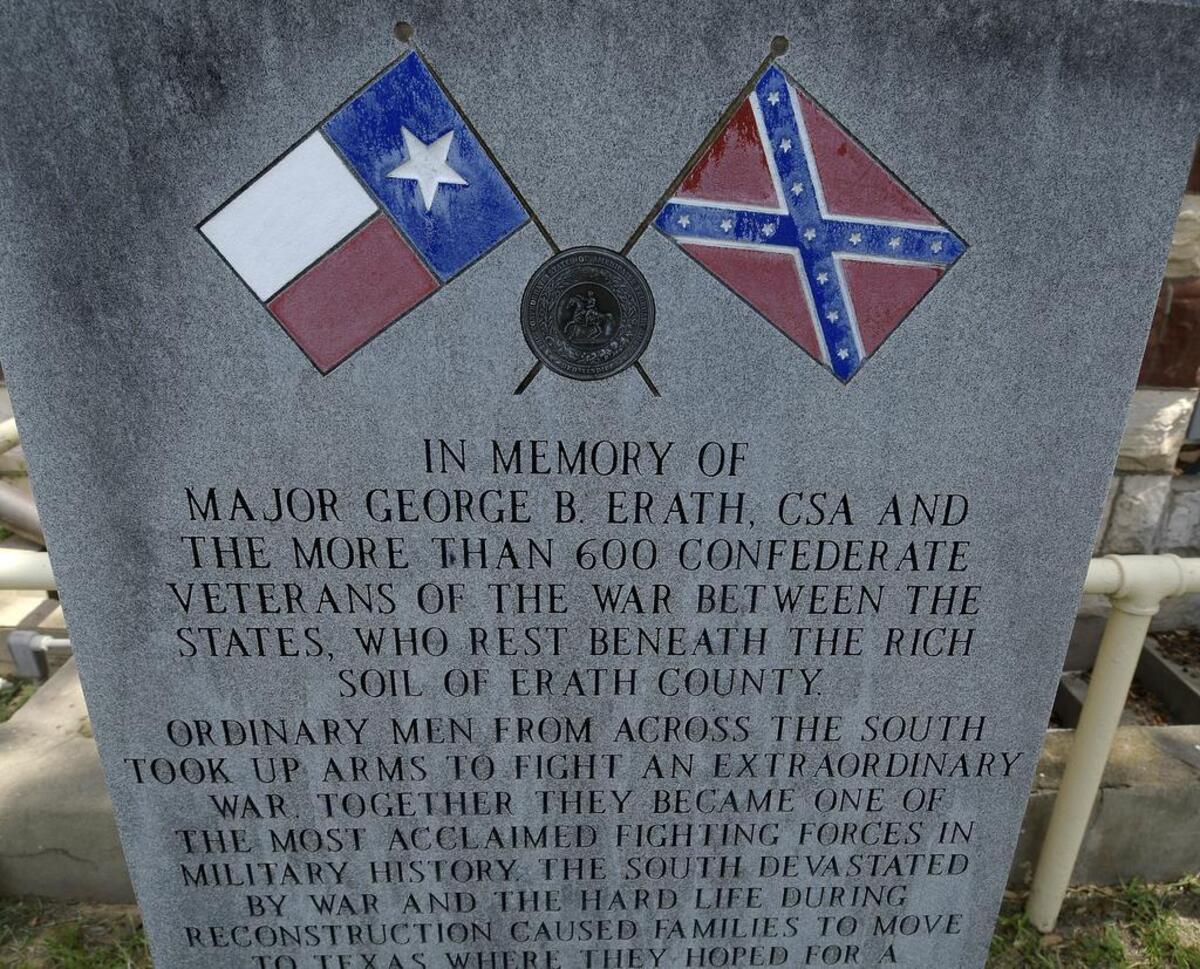 A memorial in honor of United Confederate Veteran Maj. George B. Erath stands on the lawn of the Erath County Courthouse in Stephenville.