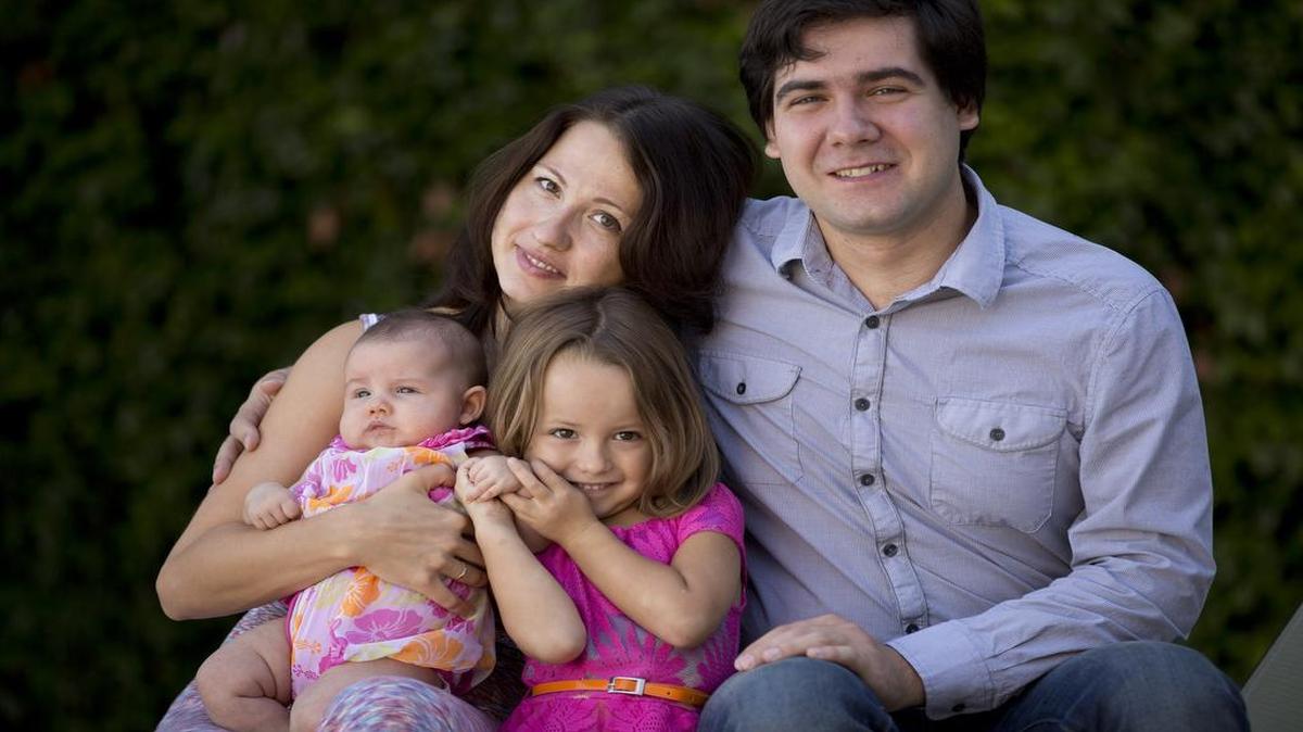 Vadym Kholodenko, the winner of the gold medal at the Cliburn in 2013, poses with this wife, Sofya Tsygankova, and daughters Nika, 4, and Michaela, 2 months old, in September 2014.