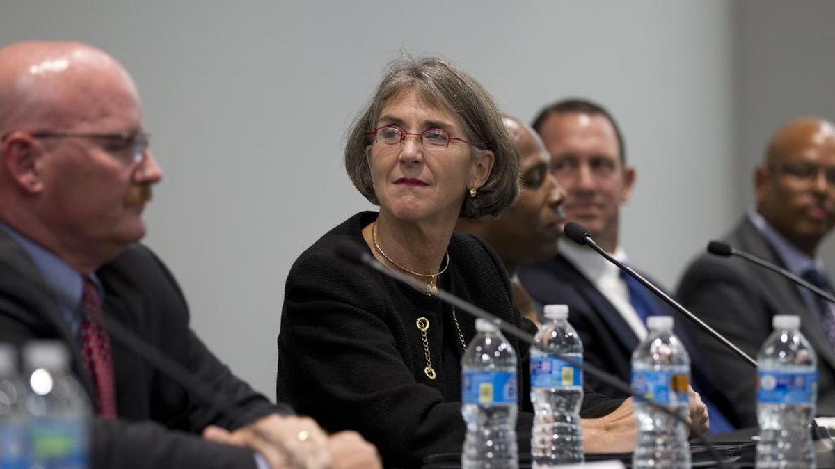 
From left, Kenneth Dean, Anne Kirkpatrick, Abdul Pridgen, Kirk Munden and Joel Fitzgerald are among the six finalists for Fort Worth police chief. They spoke at a community forum Thursday, Sept. 10, 2015. 
