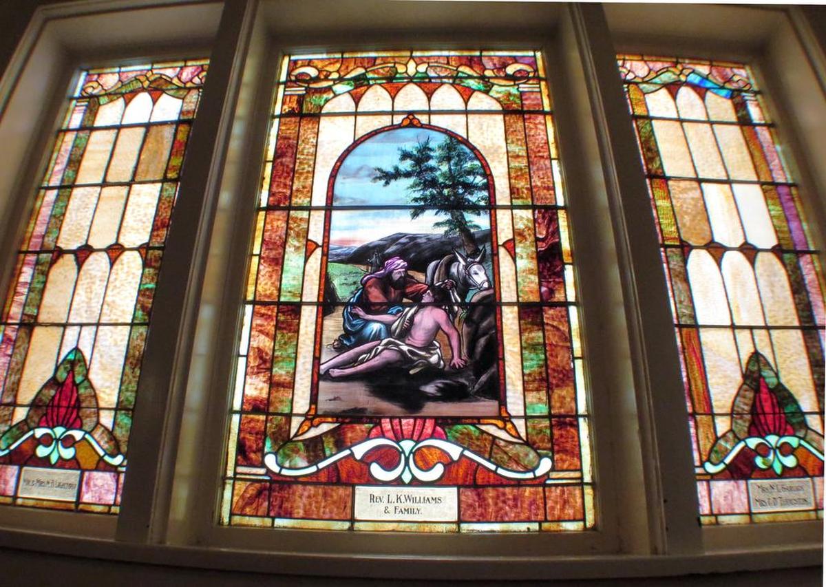 Stained glass windows in the sanctuary at Mount Gilead Baptist Church in downtown Fort Worth.