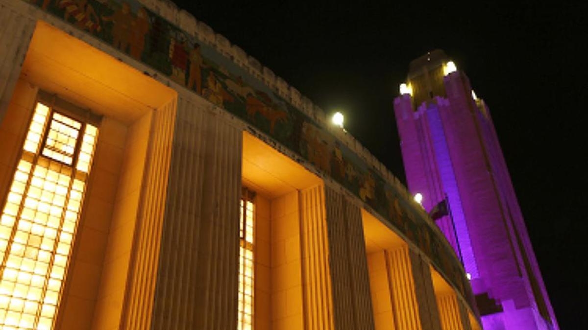 
FILE: Pioneer Tower is bathed in purple in celebration of TCU Day during the Fort Worth Stock Show Rodeo at Will Rogers Coliseum Thursday January 29, 2015 in Fort Worth, Texas. (Star-Telegram/Ron Jenkins)
