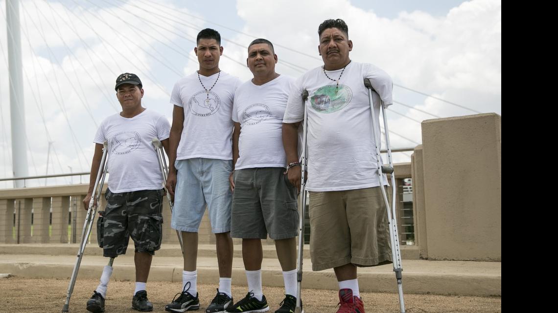 
From left: Luis Alonso Colindres, Jose Gutierrez, Jose Alfredo Santo, and Benito Murillo, four immigration activists and members of the Caravana de Mutilados, in Dallas last week.

