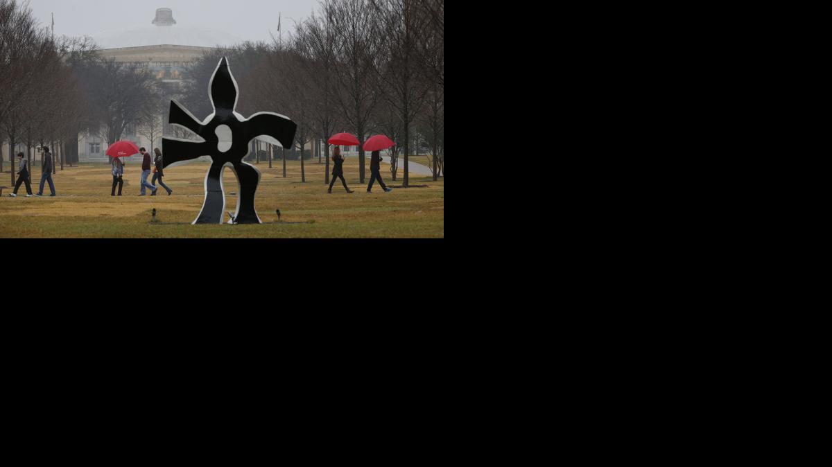
Some patrons of the Kimbell Art Museum use umbrellas as they walk between the Kahn Building and the Piano Pavilion past Running Flower, a sculpture by Fernande Leger, as cold wet weather persists in the area Jan. 2. 
