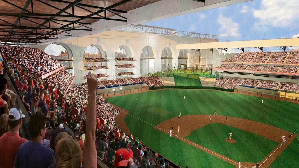 An artist rendering of the new baseball stadium for the Texas Rangers being designed by HKS of Dallas, shown at a press conference Thursday in Arlington.