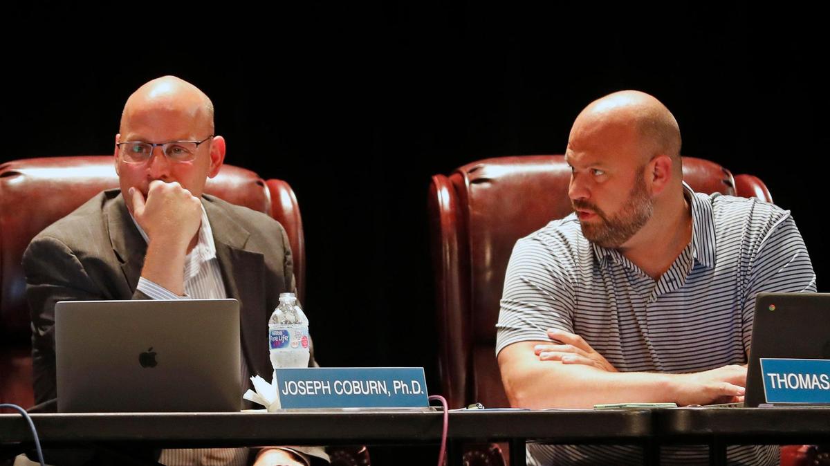 Decatur school board President Thomas Houchin and Superintendent Joseph Coburn during a meeting in June.