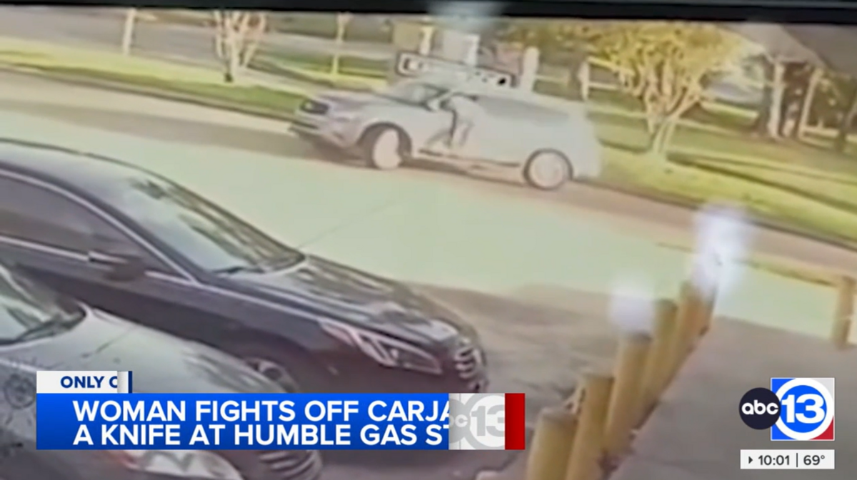 The woman was putting air in her tires when a man got into the front seat and drove away, but she grabbed onto the side and refused to let go, according to police.