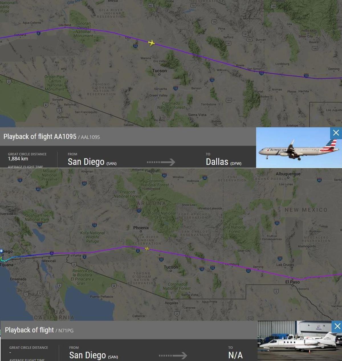 Flight paths for both American Airlines flight 1095 and Learjet N71PG, with just minutes between them, on the afternoon of Feb. 24.