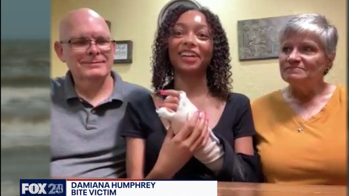 Damiana Humphrey punched a shark she said had bit her off the Texas coast.