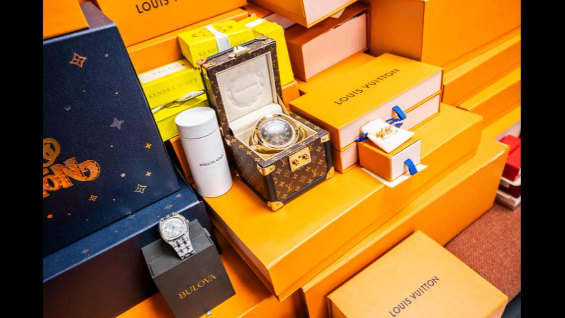A wide variety of items were found at the home, including jewelry, watches, handbags and clothing from luxury brands.