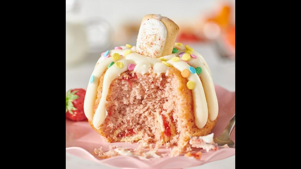 Nothing Bundt Cakes’ new Frosted Strawberry Pop-Tarts flavor features strawberry cake baked with pieces of Frosted Strawberry Pop-Tarts.