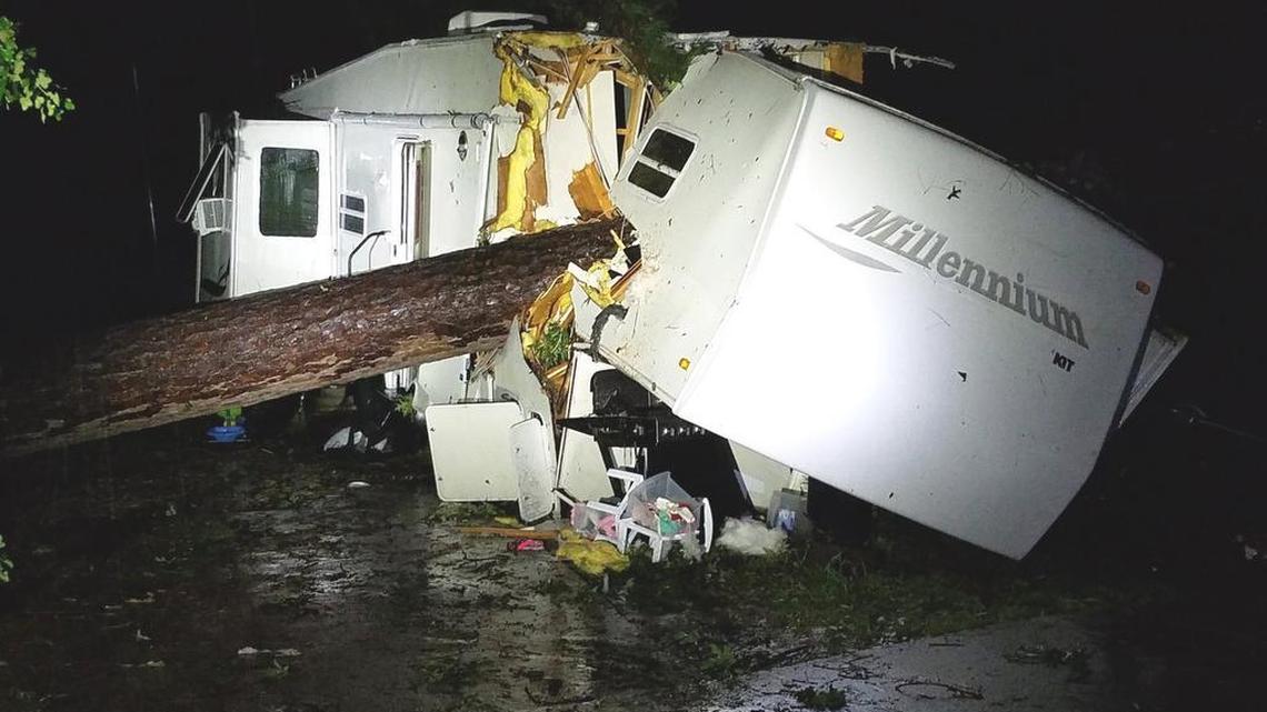 A large pine tree fell on a family’s RV while six people slept inside in Haughton, La. early Saturday. A 2-year-old was killed.