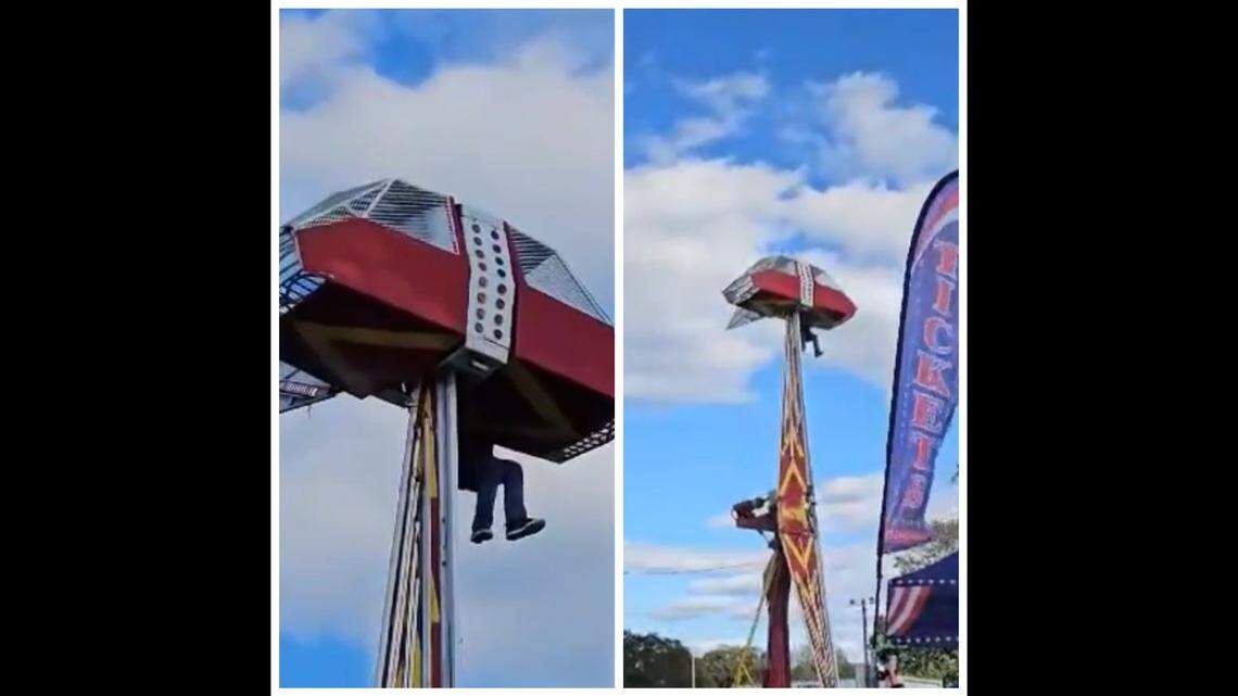 A ride operator was left clinging in midair at a festival in Groves, Texas, video shows.