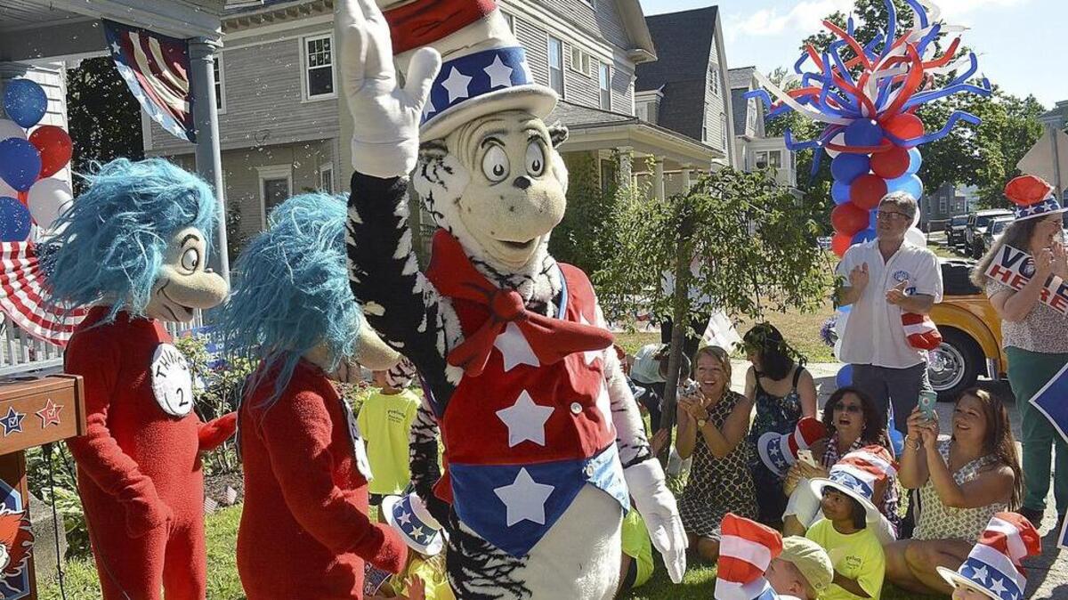 The Cat in the Hat announces Tuesday he is running for president with his running mates Thing 1 and Thing 2 outside the home of their creator Theodor Geisel, better known as Dr. Seuss in Springfield, Mass.